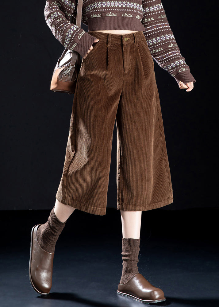 Coffee Button Pockets High Waist Corduroy Wide Leg Pants Spring