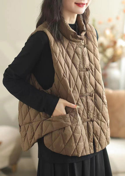 Coffee Button Pockets Patchwork Cotton Filled Waistcoat Sleeveless