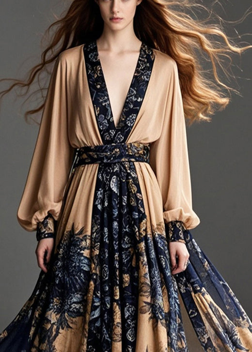 Coffee Cinched Print Chiffon Party Dress Exra Large Hem Spring