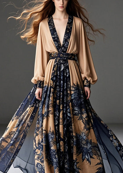 Coffee Cinched Print Chiffon Party Dress Exra Large Hem Spring