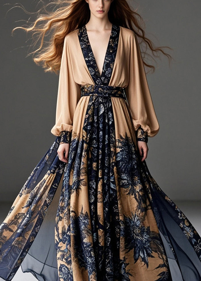 Coffee Cinched Print Chiffon Party Dress Exra Large Hem Spring