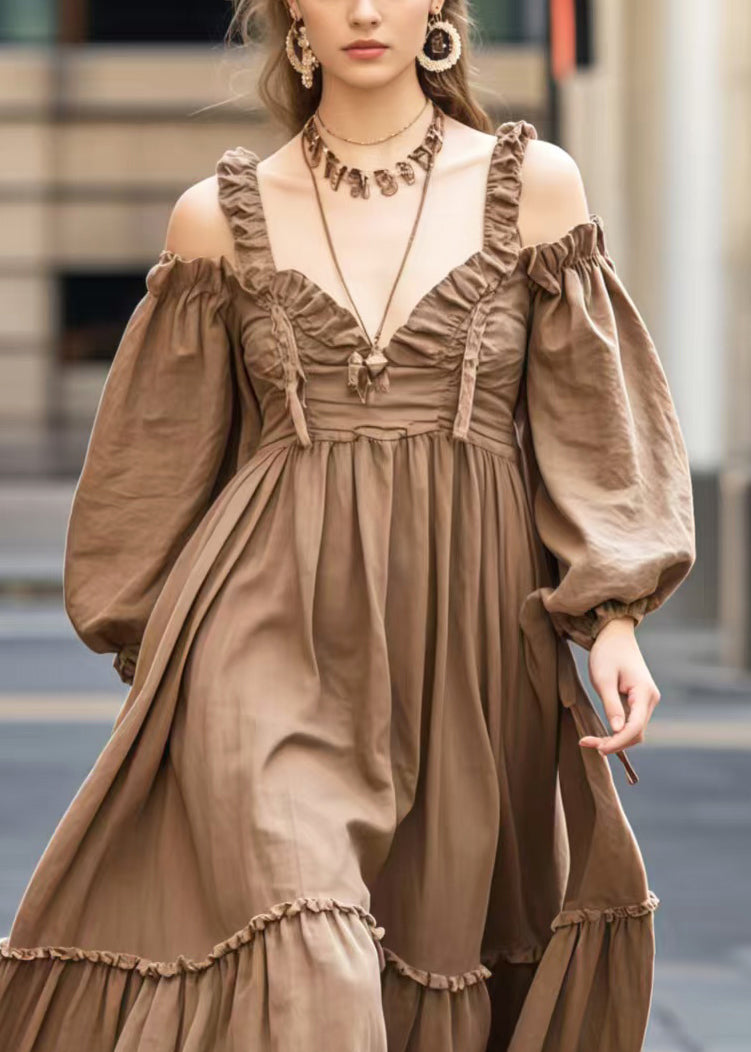 Coffee Cold Shoulder Exra Large Hem Maxi Dresses Spring
