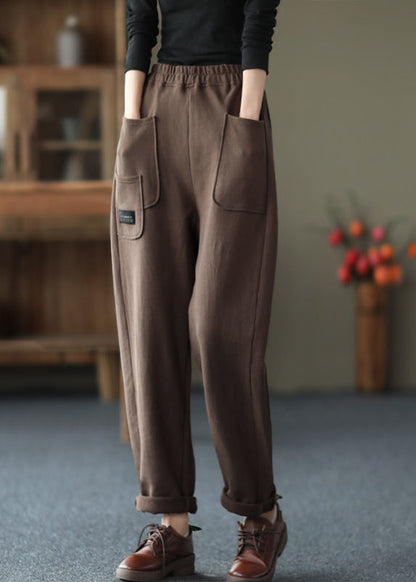 Chocolate Colour Pockets Elastic Waist Cotton Pants Fall