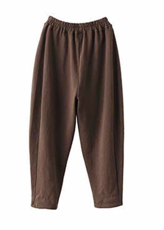 Chocolate Colour Pockets Elastic Waist Cotton Pants Fall