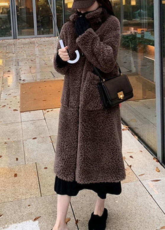 Chocolate Colour Stand Collar Button Faux Fur Maxi Coats Winter