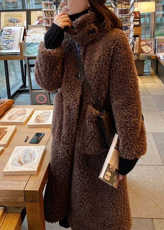 Chocolate Colour Stand Collar Button Faux Fur Maxi Coats Winter