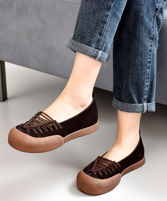 Coffee Cross Strap Splicing Platform Flat Cowhide Leather Feet Shoes