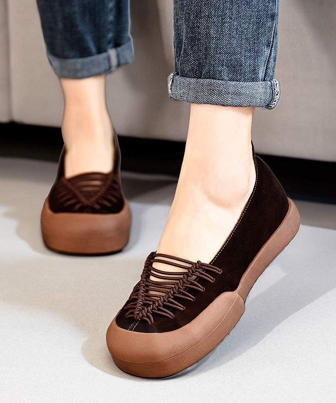 Coffee Cross Strap Splicing Platform Flat Cowhide Leather Feet Shoes