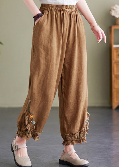 Coffee Embroideried Elastic Waist Linen Crop Pants Summer