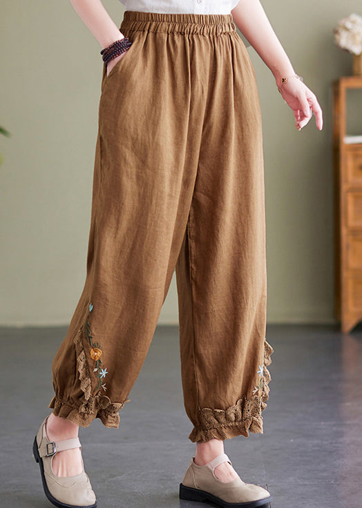 Coffee Embroideried Elastic Waist Linen Crop Pants Summer