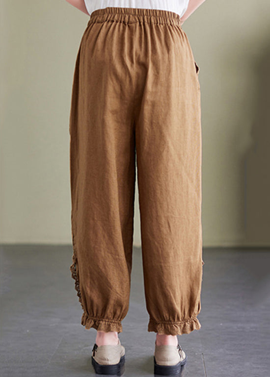 Coffee Embroideried Elastic Waist Linen Crop Pants Summer