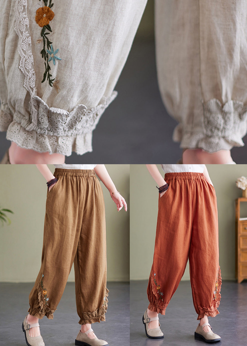 Coffee Embroideried Elastic Waist Linen Crop Pants Summer