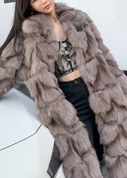 Coffee Fox Collar Pockets Leather and Fur Long Coats Spring