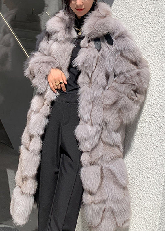 Coffee Fox Collar Pockets Leather and Fur Long Coats Spring