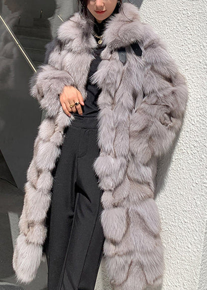 Coffee Fox Collar Pockets Leather and Fur Long Coats Spring