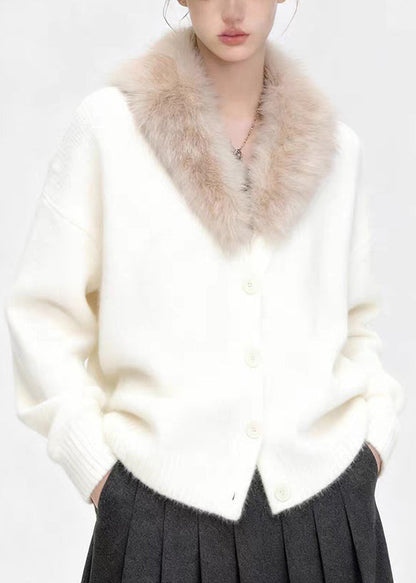 Coffee Fur Collar Button Patchwork Knit Coats Spring