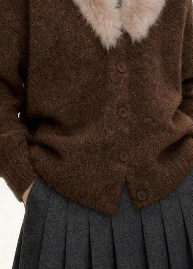 Coffee Fur Collar Button Patchwork Knit Coats Spring