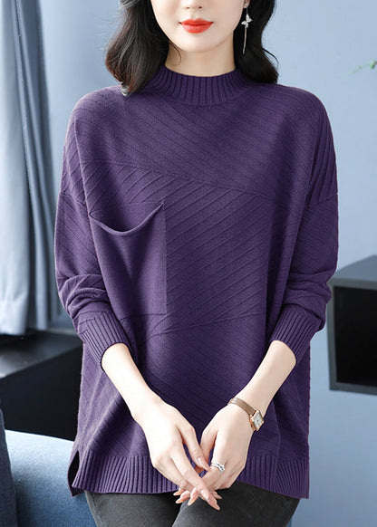Coffee Half Hign Neck Pockets Patchwork Woolen Knit Top Spring