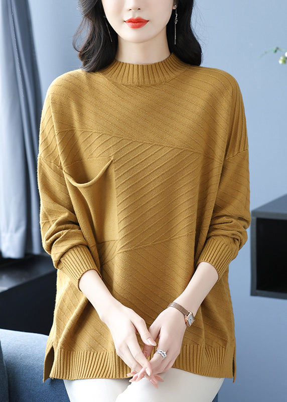 Coffee Half Hign Neck Pockets Patchwork Woolen Knit Top Spring