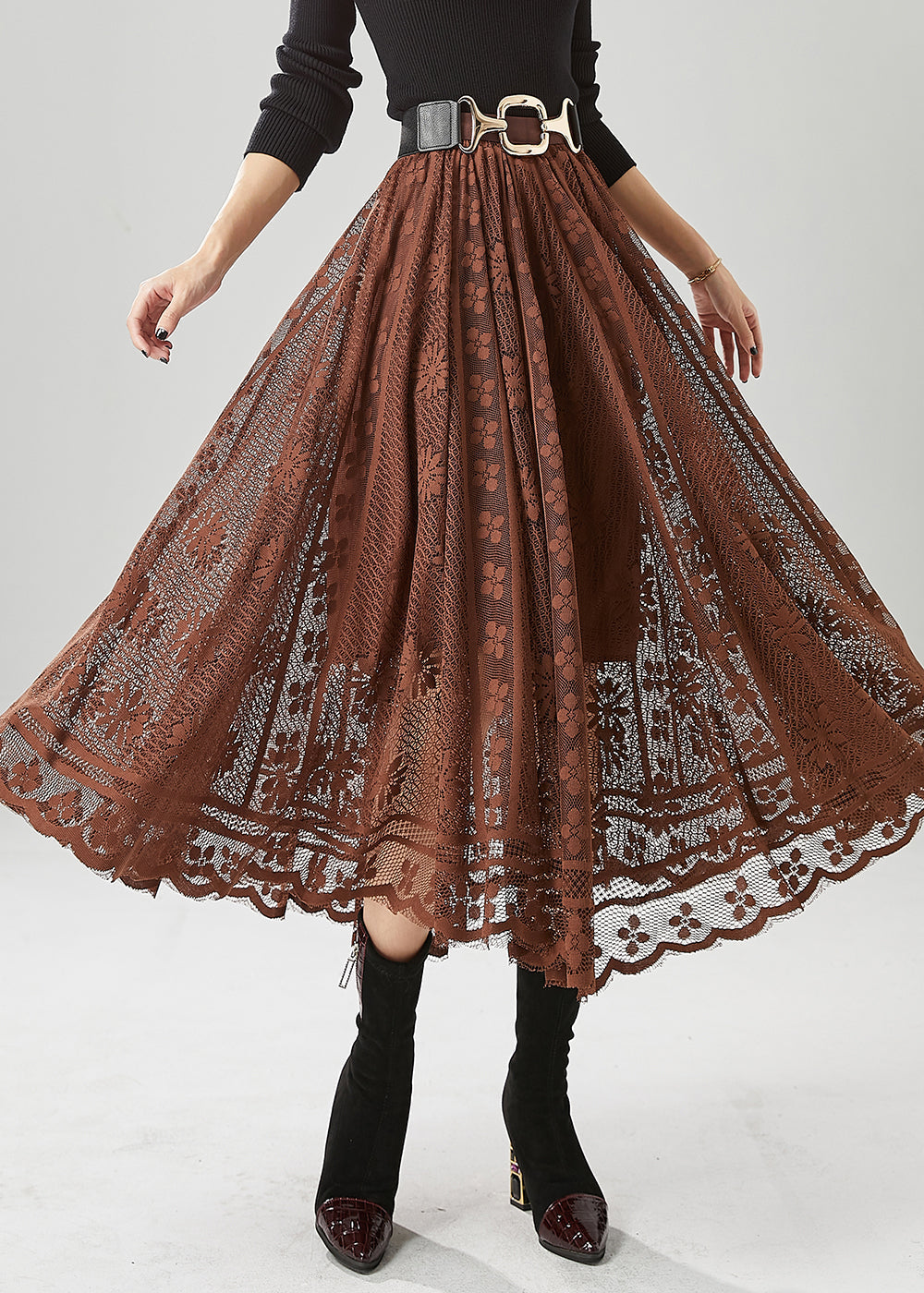 Coffee Hollow Out Exra Large Hem Lace Skirts Fall