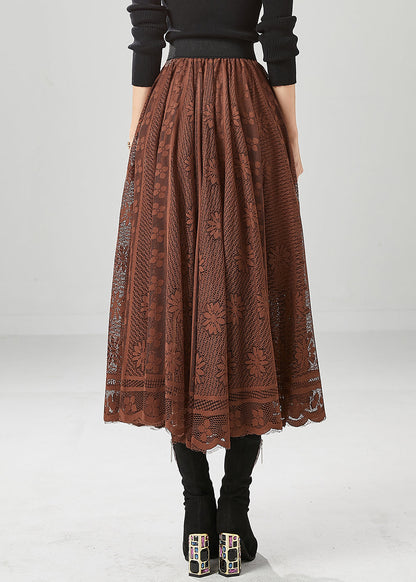 Coffee Hollow Out Exra Large Hem Lace Skirts Fall