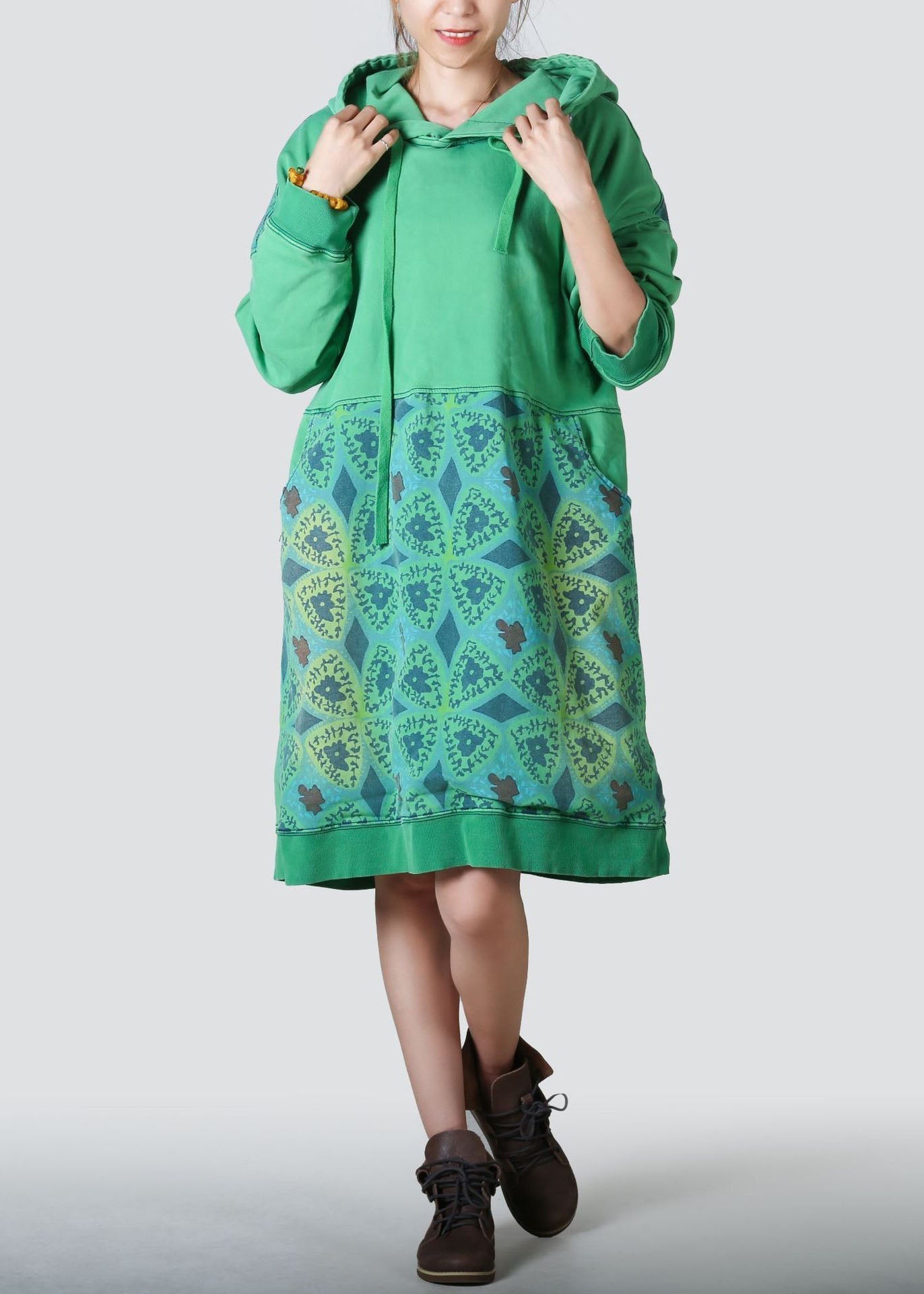 Coffee Hooded Patchwork Print Cotton Dresses Spring