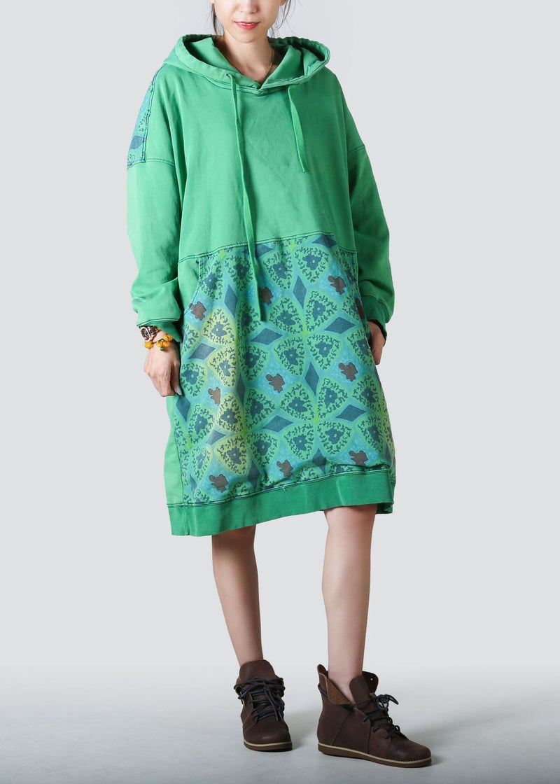 Coffee Hooded Patchwork Print Cotton Dresses Spring