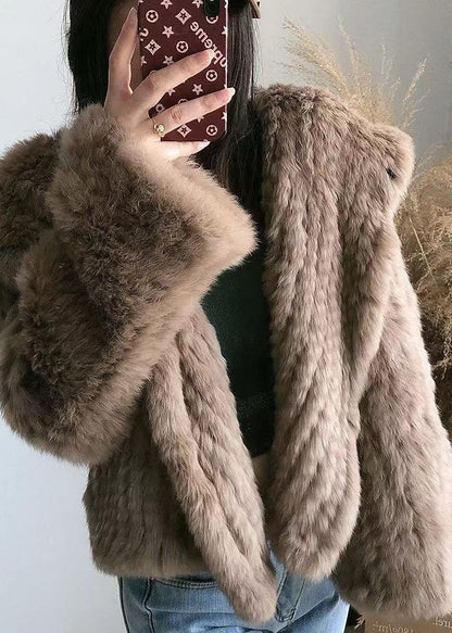 Chocolate Hooded Color Rabbit Hair Knit Jacket Winter