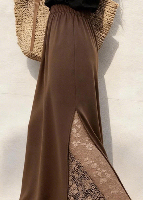 Coffee Lace Patchwork Elastic Waist Cotton Skirts Winter