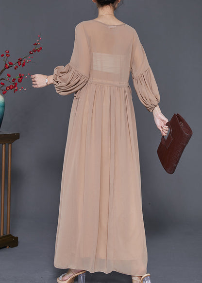 Coffee Lace Patchwork Tie Waist Chiffon Dresses Spring