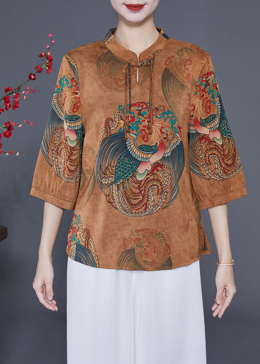 Coffee Mandarin Collar Chinese Button Tassel Print Silk Top Bracelet Sleeve