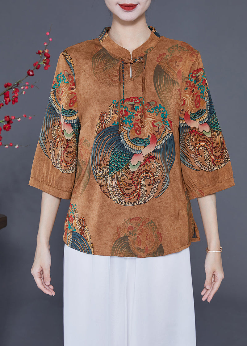 Coffee Mandarin Collar Chinese Button Tassel Print Silk Top Bracelet Sleeve