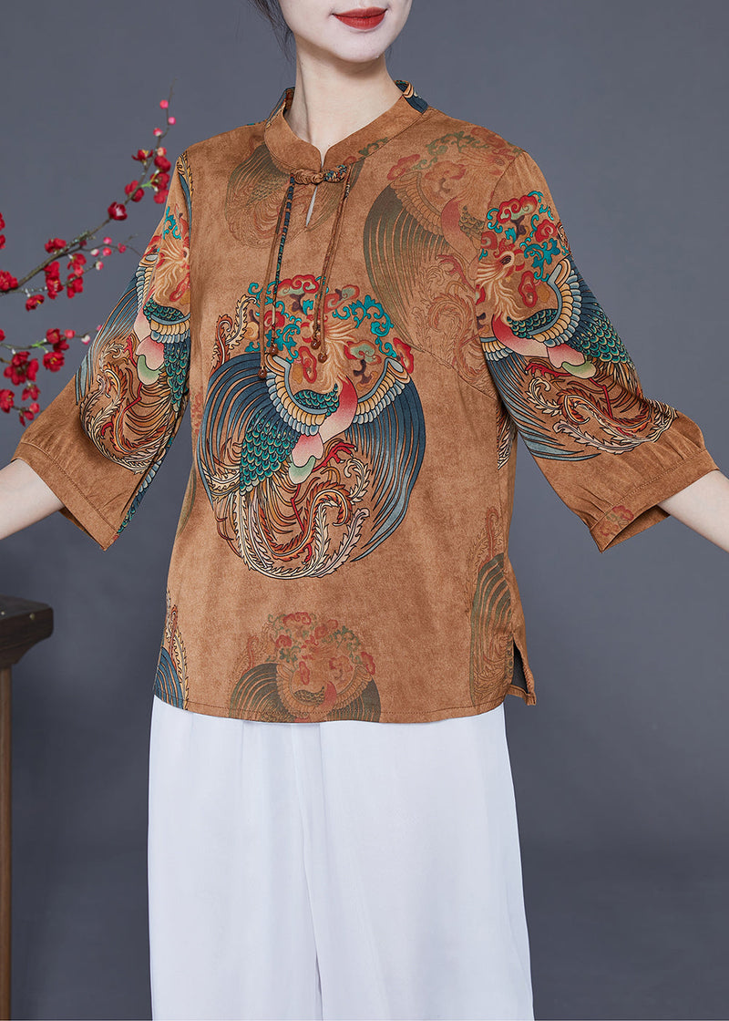 Coffee Mandarin Collar Chinese Button Tassel Print Silk Top Bracelet Sleeve