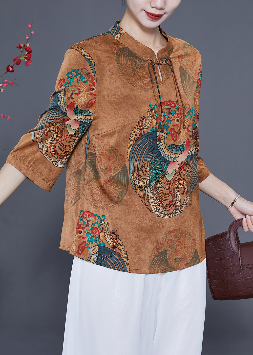 Coffee Mandarin Collar Chinese Button Tassel Print Silk Top Bracelet Sleeve
