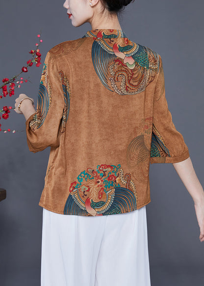 Coffee Mandarin Collar Chinese Button Tassel Print Silk Top Bracelet Sleeve