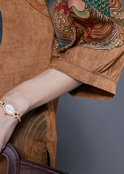Coffee Mandarin Collar Chinese Button Tassel Print Silk Top Bracelet Sleeve