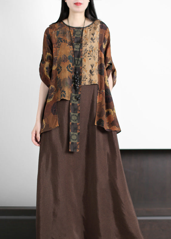 Coffee O-neck Asymmetrical Print Silk Long Dress Summer