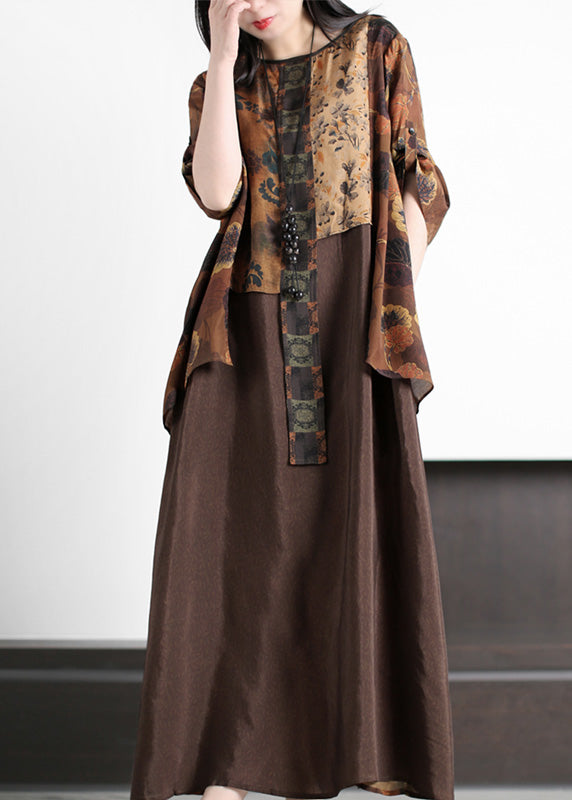 Coffee O-neck Asymmetrical Print Silk Long Dress Summer
