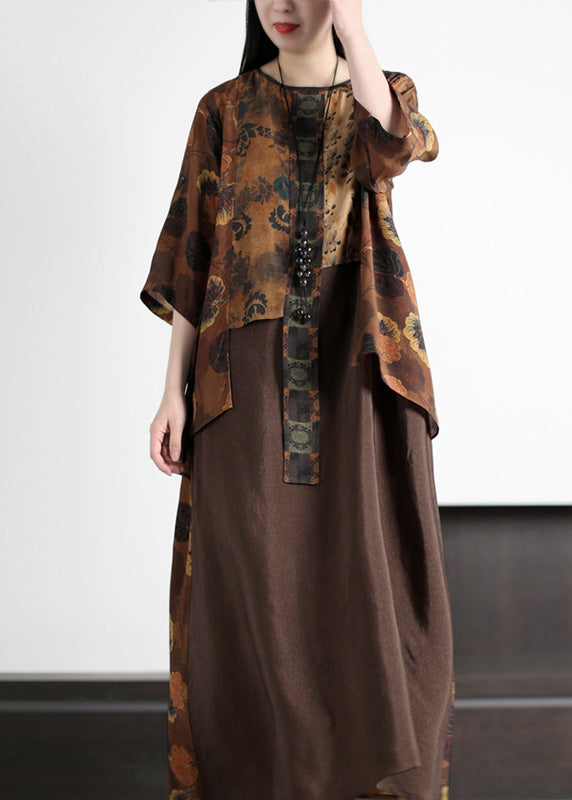 Coffee O-neck Asymmetrical Print Silk Long Dress Summer