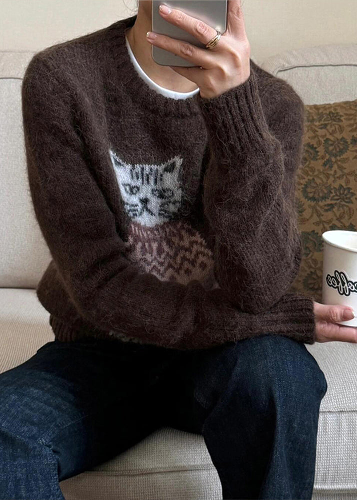Coffee O Neck Cats Jacquard Knit Sweater Winter
