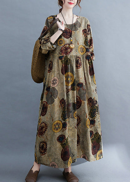 Chocolate O-neck Cinched Pockets Print Robe Dresses Long Sleeve