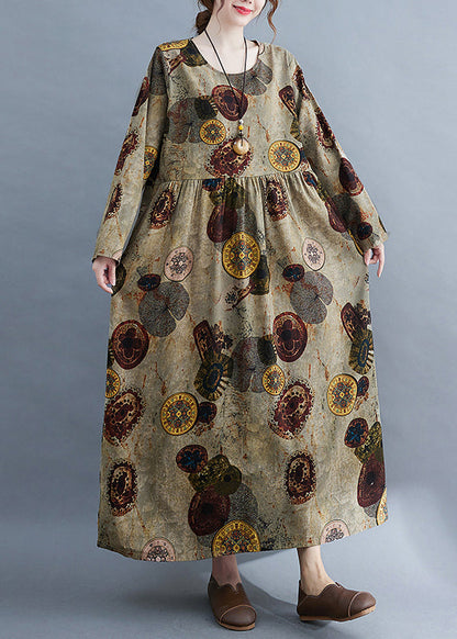 Chocolate O-neck Cinched Pockets Print Robe Dresses Long Sleeve