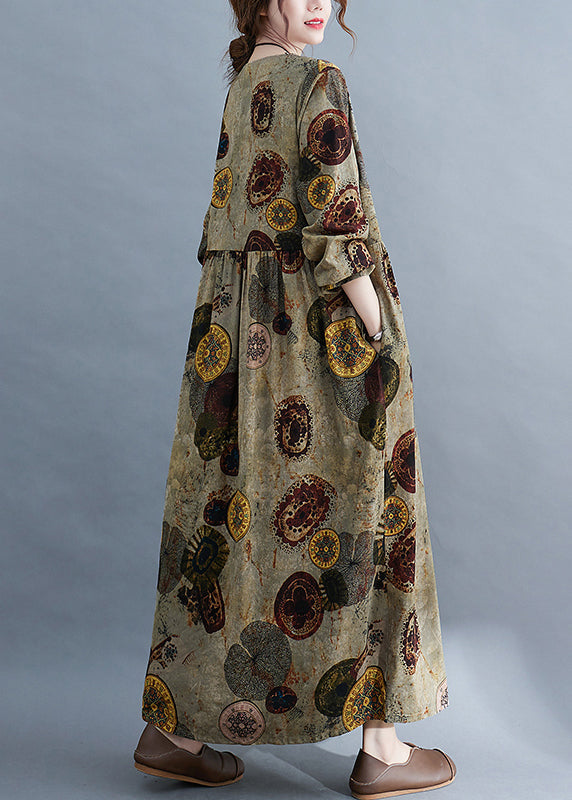 Chocolate O-neck Cinched Pockets Print Robe Dresses Long Sleeve
