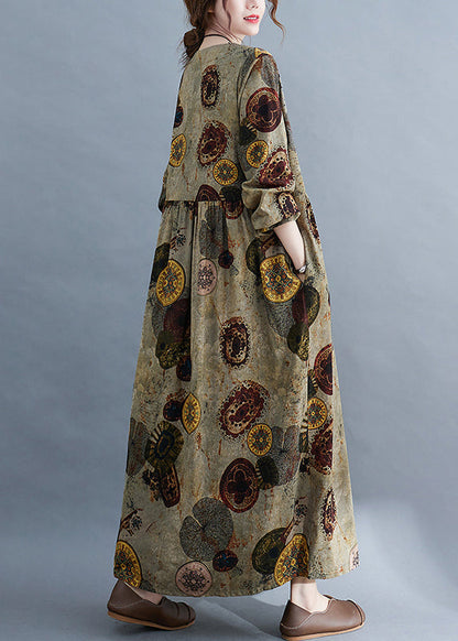 Chocolate O-neck Cinched Pockets Print Robe Dresses Long Sleeve
