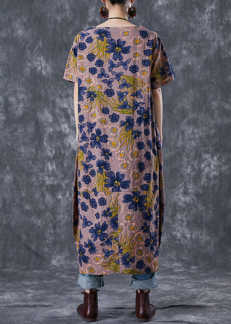 Coffee O-neck Print Linen Long Dress Summer