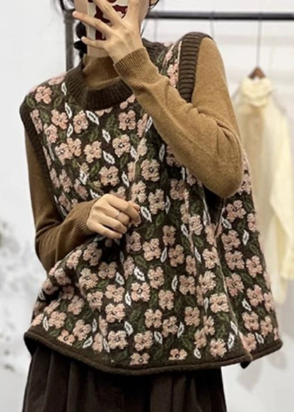 Coffee O-neck Jacquard Loose Knit Vest Spring
