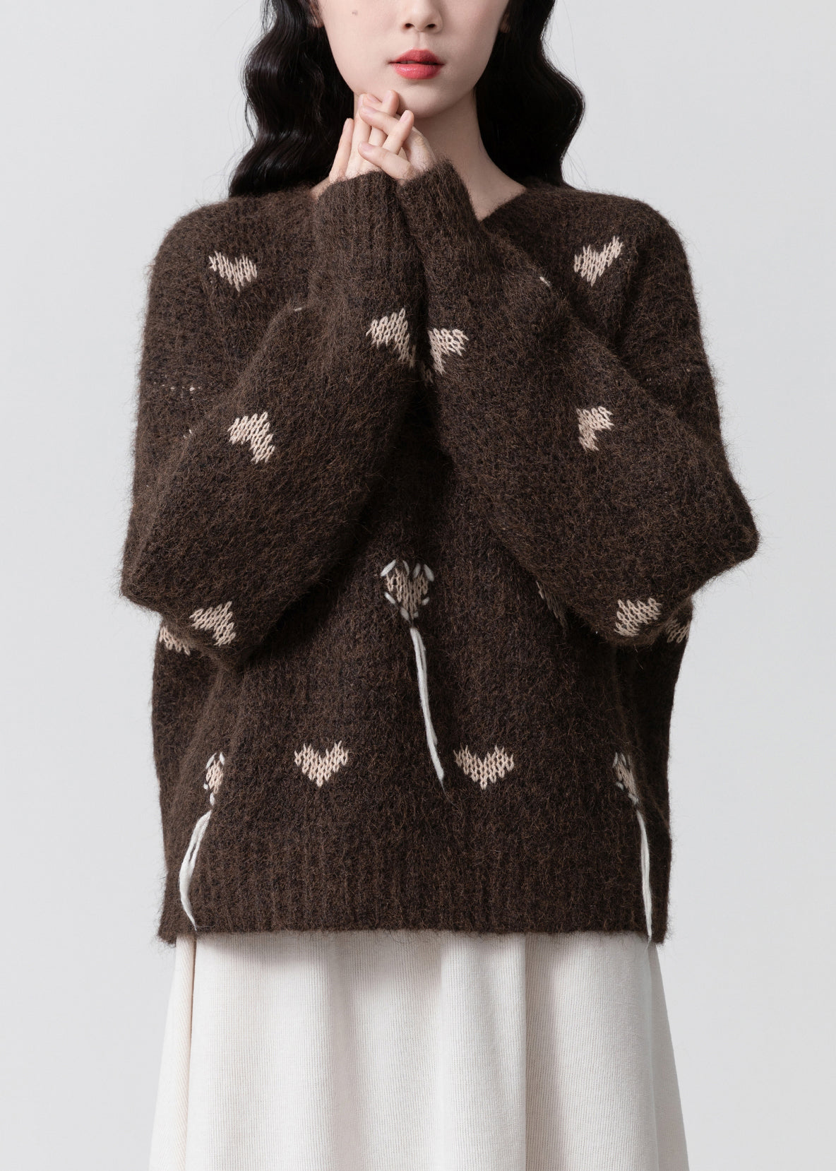 Coffee O Neck Jacquard Thick Knit Sweaters Winter