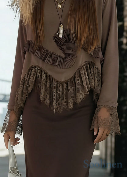 Women Coffee O-Neck Lace Patchwork Tops Flare Sleeve
