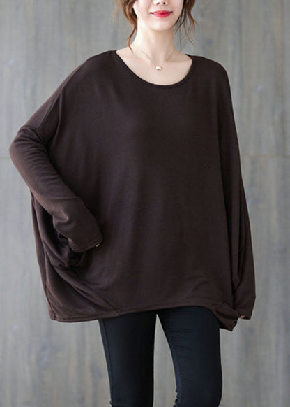 Women Chocolate O-Neck Oversized Cotton Shirt Top Batwing Sleeve