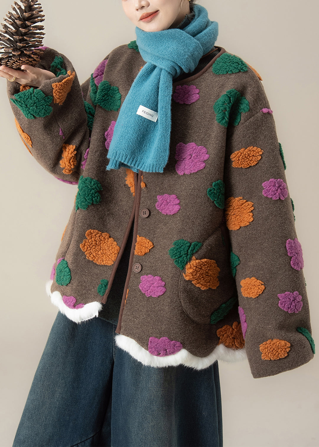 Coffee O Neck Pockets Woolen Coats Winter